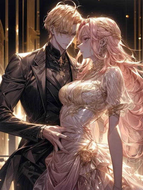 (((1male people：Piercing in the left ear,、((Golden hair))、tall、tall、Tall、a handsome、refreshing、burly)))、(((1female：Pink hair、Long、short、Best style、F-cup、see-through sexy dress、Beautuful Women)))、((((a couple))))、{(Best Quality, 8K, masutepiece, nffsw, Soft...