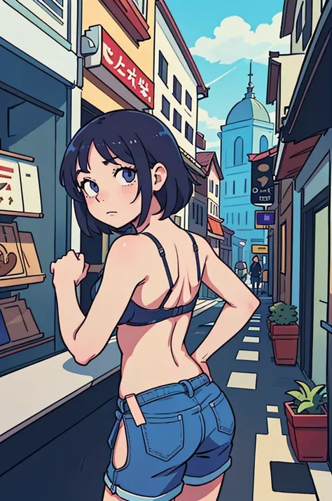 (mejor calidad: 0.8), (mejor calidad: 0.8), perfect anime illustration, retrato de primer plano extremo de una mujer bonita caminando por la ciudad, wearing no bra, no thong, rear view