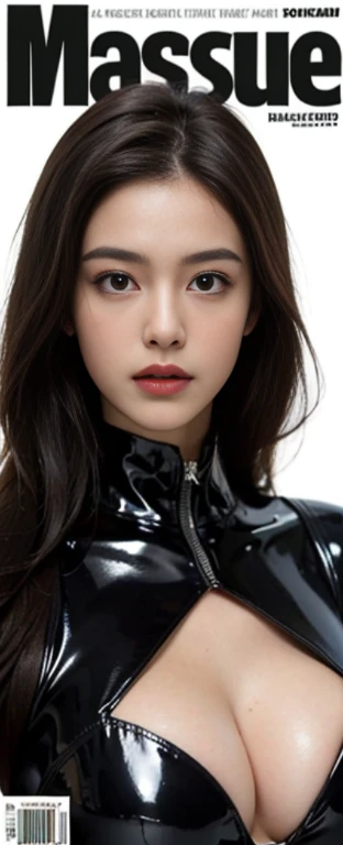 (Best Quality, 4k, Masterpiece: 1.3), Espa Winter, large full breasts, Latex suit, A hyper-realistic, thin lip detail, 1Girl, Ultra-detailed face, Detailed lips, Detailed Eyes, Double eyelid, 매력적인 전신 블랙 Latex suit, 전신 Latex suit, style of magazine cover