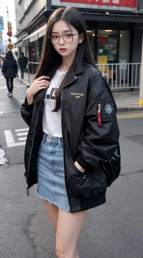 girl standing outside, wearing glasses, in a black jacket, ((Long hair)), Photos inspired by Zou Zhe, tumblr, realism, xintong chen, 1 Around 9 years old, Qiqiao Wang, Huifeng Huang, Geelong Coin, Xiaofan Zhang, Fengzhen Zhang, Zmon, yihao ren, Zezhou Chen...