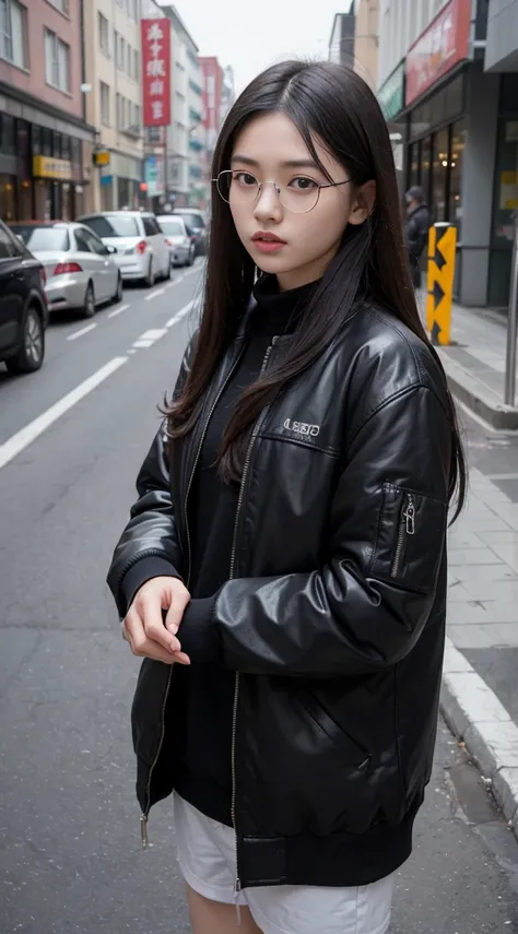 girl standing outside, wearing glasses, in a black jacket, ((Long hair)), Photos inspired by Zou Zhe, tumblr, realism, xintong chen, 1 Around 9 years old, Wang Qichao, Huifeng Huang, Geelong Coin, Xiaofan Zhang, Feng Zhenjiang, Zemon, yihao ren, Zezhou Che...