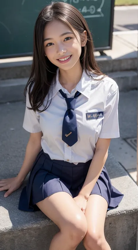 1girl,((school uniform slush,light grin smile, sitting,exteriors,