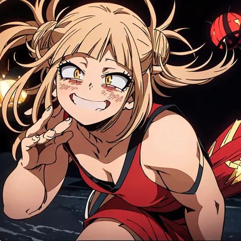 toga himiko,my hero academia,Toga Himiko,My Hero Academia,(christmas style dress),(short dress),(shoulders showing),(red dress),(sexy dress),(anime girl),(beautiful girl),(full body),(beauty divine),(Yellow eyes),(cat pupils), (smiling with the rest red),(...