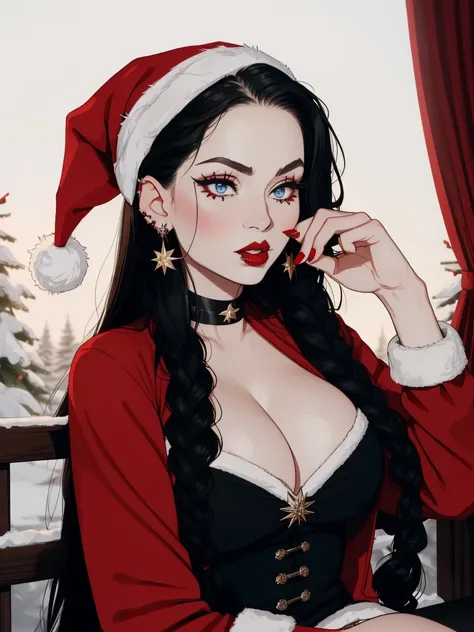 Mrs Claus, long black hair hair, milf, busty, sleigh, goth. black hair, piercings, gothic, pale skin, lip piercing, nose piercing, pale white skin, santa hat, pale blue eyes, snowing in background, blizzard, night, lip piercing, nose piercing, ear piercing...