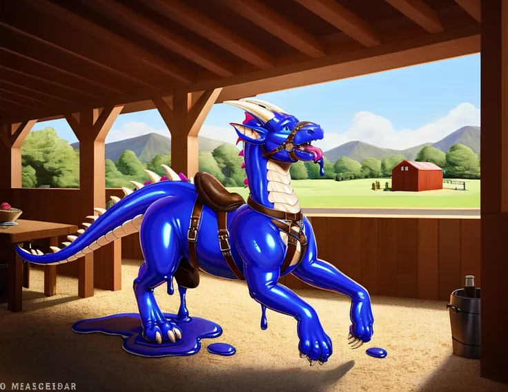 Hd, photorealistic, masterpiece, fantasy, half transformation, part human, young man struggling to remove the latex rubber goo ooze spreading over his body, morphing into indigo dogwood rose eggshell white rubber dragon mount, wearing riding saddle, bridle...