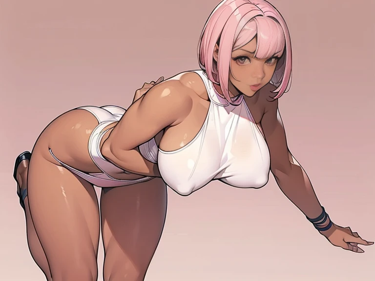 sexy pose, pink hair, (short bangs hair:1.36), detailed brown eyes, narrow waist, depth of field, 1girl, (on a   background:1.3), (full body), big breasts, wide hips, athletic figure, ((thigh cutout)), (((dark skin))), oily skin,