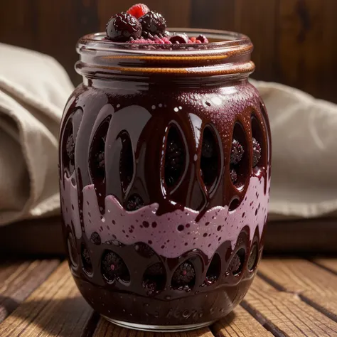 Delicious acai, ultra realista, açaí in a jar very delicious appearance açaí in a transparent plastic jar with fruits spread throughout the açaí with a passion fruit mousse topping with chocolate, TV advert appearance