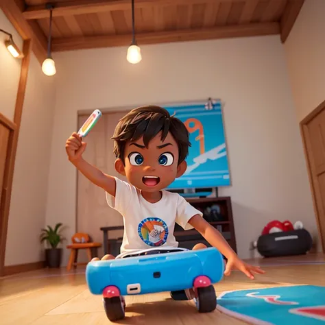 (best quality,highres),1boy,6 years old,dark-skinned,thin,surfer hair,playing Nintendo,energetic expression,concentrated,casual clothes,vibrant colors,indoor lighting,lively atmosphere,childhood joy,excitement,console gaming,fun and entertainment