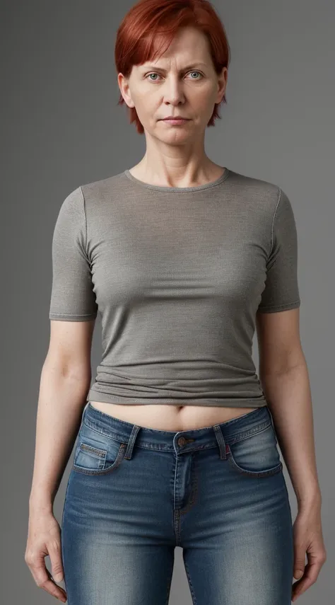 there is a middle aged woman with short red hair and a gray shirt with jeans, heavy set, marthe jonkers-johannen voss-julie heffernan-magalie villeneuve-sandra pelser-nina tryggvadottir-amanda lilleston merged, entire body visible, full body, hyperrealisti...