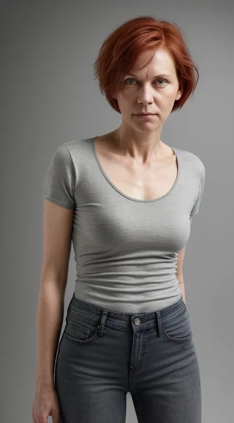 there is a middle aged woman with short red hair and a gray shirt with jeans, heavy set, marthe jonkers-johannen voss-julie heffernan-magalie villeneuve-sandra pelser-nina tryggvadottir-amanda lilleston merged, entire body visible, full body, hyperrealisti...