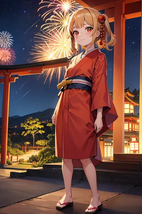 kawaii menina, orelhas de raposa pequenas, Rabo de Raposa, vestindo yukata tradicional, Standing on a hill, Fireworks in the background, Noite, lua cheia, magical sky, sorridente, Corar, menina pequena, traditional japanese, Fundo Ultra Realista, colorful ...