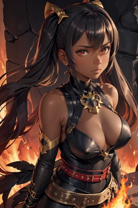 masterpiece, best quality, defLaev, hair ornament, twintails, black bodysuit, bare shoulders, belt, armor, gauntlets, feather trim, upper body, portrait, looking at viewer, fire, rocks, lava, large breasts, closed mouth. serious ,Very dark skin ,African