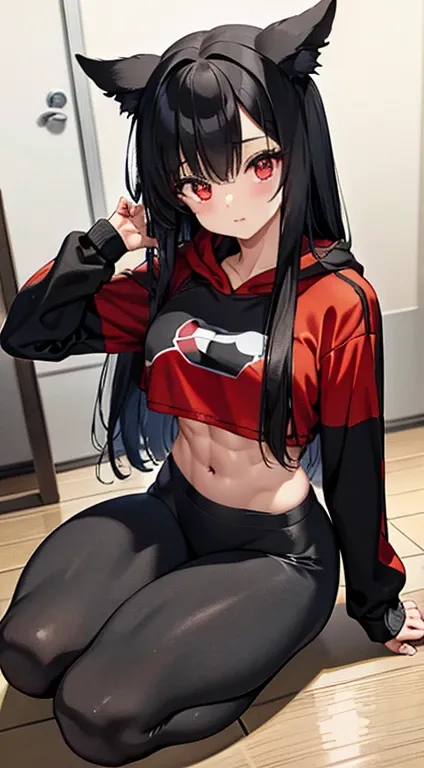 Cute Fit Black Hair Red Eyes Exercise Leggings Red Crop Top Hooded Red Eyes Chibi 1 Girl Only