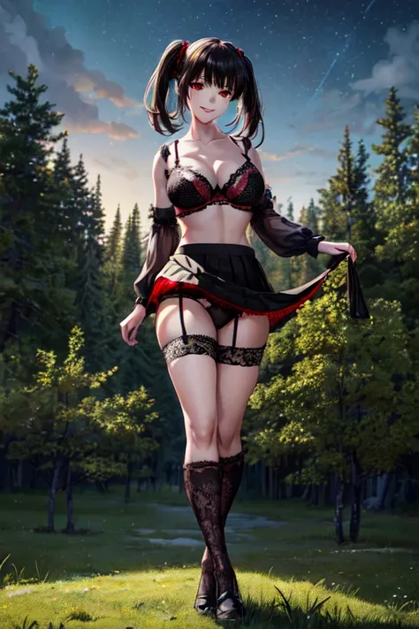 ((full body)), ((full pose)), kurumitokisaki, tokisaki kurumi, clock eyes, black hair, twintails, (red eyes:1.3), (yellow eyes:1.3), heterochromia, (medium breasts:1.3), ((high mary janes:1.4)), ((seductive smile:1.5)), ((black stockings)), ribbon, ((black...