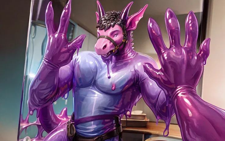 HD, photorealistic, mirror photography, half transformation, first person camera view, first person perspective of terrified young man with his hands on a mirror, purple pink white liquid latex resin goo oozing over your body, wearing saddle bridle and pla...