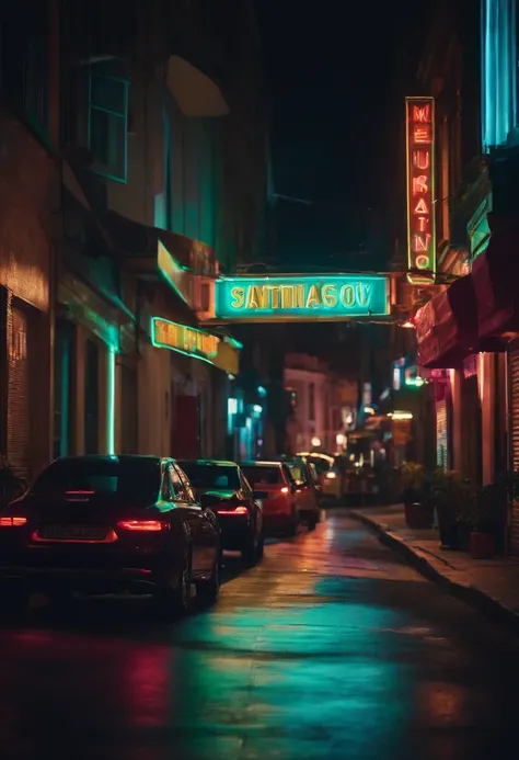 An city street at night, with colorful neon signs illuminating the road, creating a vibrant and energetic ambiance