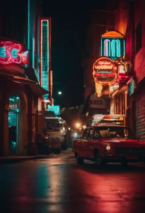 An city street at night, with colorful neon signs illuminating the road, creating a vibrant and energetic ambiance