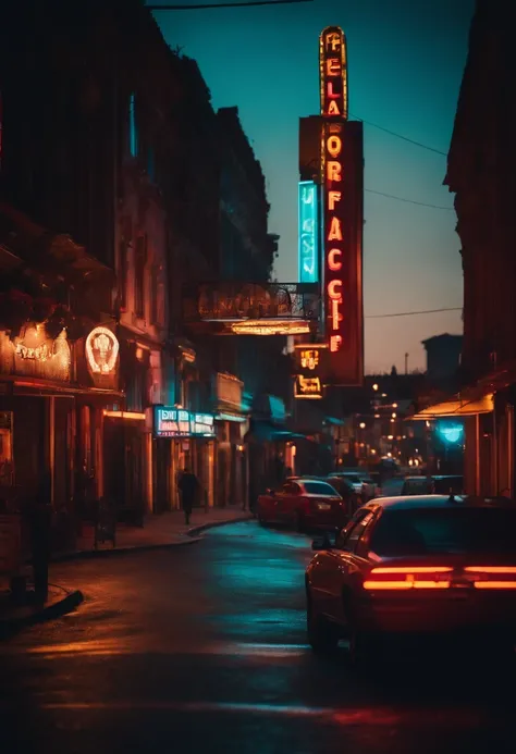 An city street at night, with colorful neon signs illuminating the road, creating a vibrant and energetic ambiance