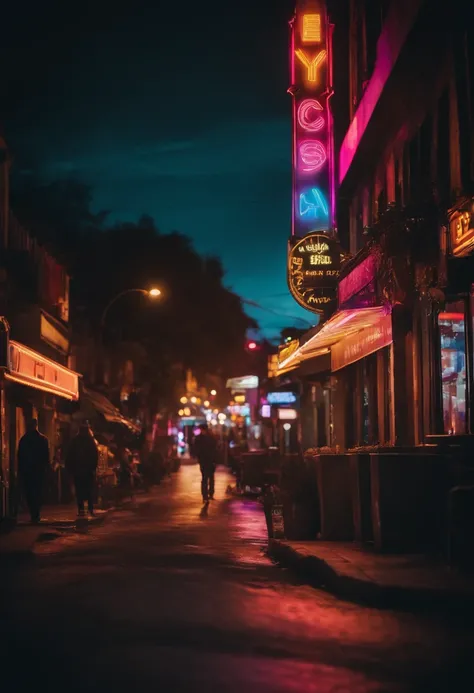 An city street at night, with colorful neon signs illuminating the road, creating a vibrant and energetic ambiance