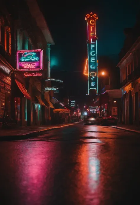 An city street at night, with colorful neon signs illuminating the road, creating a vibrant and energetic ambiance