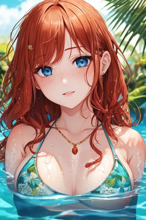 (masterpiece, high quality), (1 woman), wet, bikini, necklace, wavy ginger hair, freckles all over, flower in hair, perfect body, small breasts, (perfect face), beautiful eyes, tropical, pool