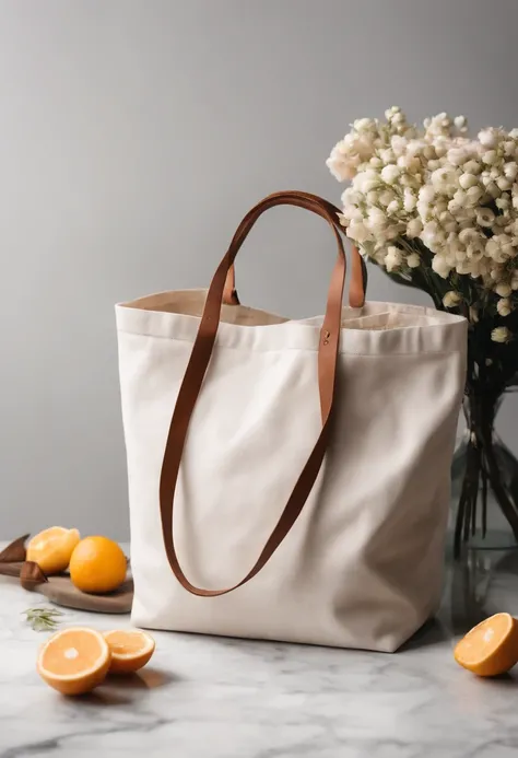 An aesthetic photo of a blank tote bag mockup placed on a marble countertop with fresh flowers and stylish accessories, showcasing its versatility as a fashion statement.