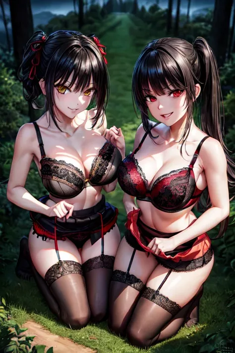 ((full body)), ((full pose)), kurumitokisaki, tokisaki kurumi, clock eyes, black hair, twintails, (red eyes:1.3), (yellow eyes:1.3), heterochromia, (medium breasts:1.3), ((high mary janes:1.4)), ((seductive smile:1.5)), ((black stockings)), ribbon, ((black...