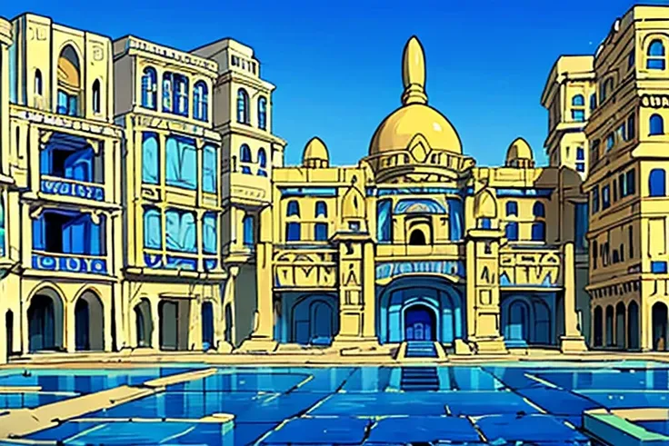 (masterpiece), (blue and gold ancient egyptian city made of blue stone), (blue stone bricks), sprawling city, buildings, blue with gold details