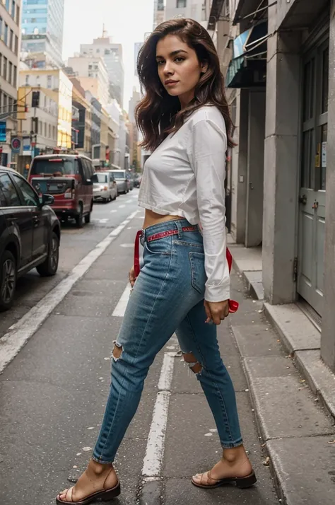 Mulher cabelo vermelho abundante caminhando por as ruas de new york