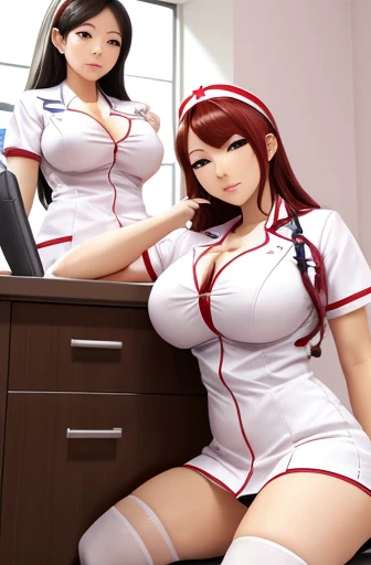 nurse uniform,hospital, latex nurse suit,nurses,busty,elbow gloves,labcoat,redhair woman,red eyes , gigantic boobs ,medical instruments,asian nurse,two nurses,speculum,examination room,oversize boobs, ,big ass ,strap on, lay on table ,legs spreaded,giving ...