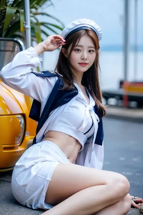 High image quality，8K，Raised sexy，barefaced，a sailor suit，focus。