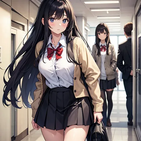 Detailed ,A long-haired, breast-fed high school girl wearing a cardigan shirt and knee-length skirt walks in a school hallway crowded with students.