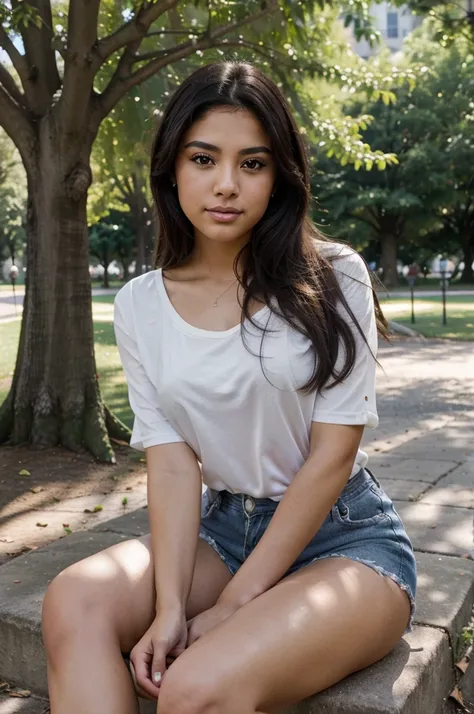 young beautiful hispanic woman with no makeup, sitting in a park by a tree, midday, shallow-focus, 35mm, photorealistic, Canon EOS 5D Mark IV DSLR, f/5.6 aperture, 1/125 second shutter speed, ISO 100 --ar 2:3 --q 2 --v 4