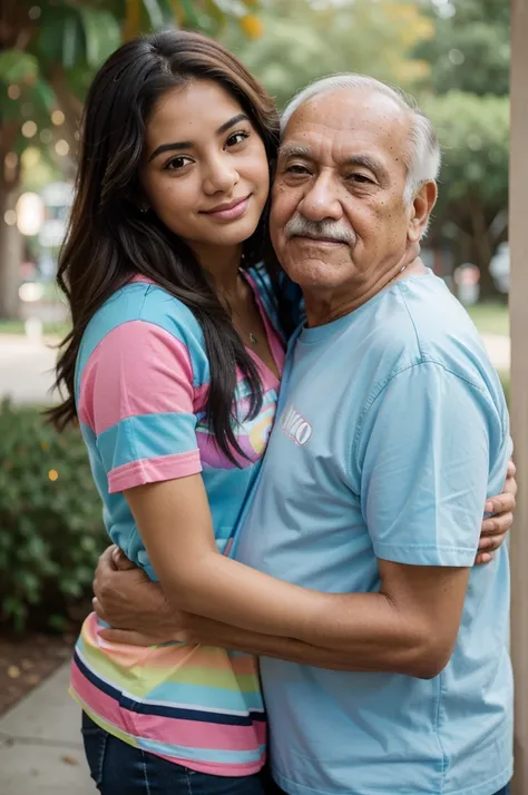 young beautiful hispanic woman with no makeup, with colorful shirt, hugging her elderly dad, midday, shallow-focus, 35mm, photorealistic, Canon EOS 5D Mark IV DSLR, f/5.6 aperture, 1/125 second shutter speed, ISO 100 --ar 2:3 --q 2 --v 4