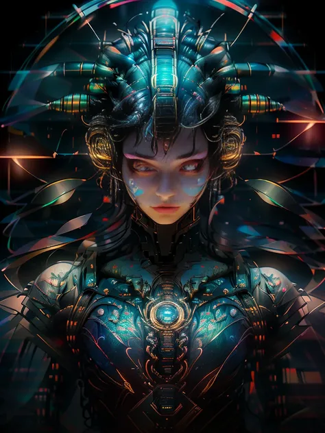 [award winning photo portrait of a cute smile girl standing outside a cyberpunk neon city street:award winning photo of a cyborg, bundle of glowing fiber optic cables:0.2], epic realistic, art, (hdr:1.2), (muted colors:1.2), pastel, hyperdetailed, (artstat...