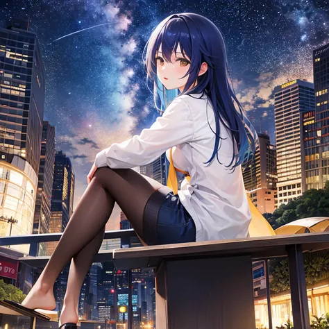 octans, sky, star (sky), scenery, starry sky, night, 1girl, night sky, solo, outdoors, building, cloud, milky way, sitting, tree, long hair, city, silhouette, cityscape