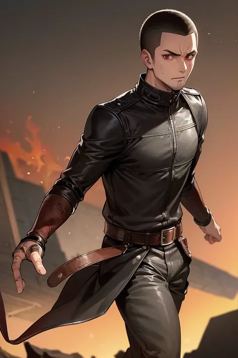 (masterpiece, best quality), solo, 1man, 30 years old, buzz cut, red eyes, gray skin, ((leather clothes)), soul patch, (((wounded))), standing, burning village background, angry expression