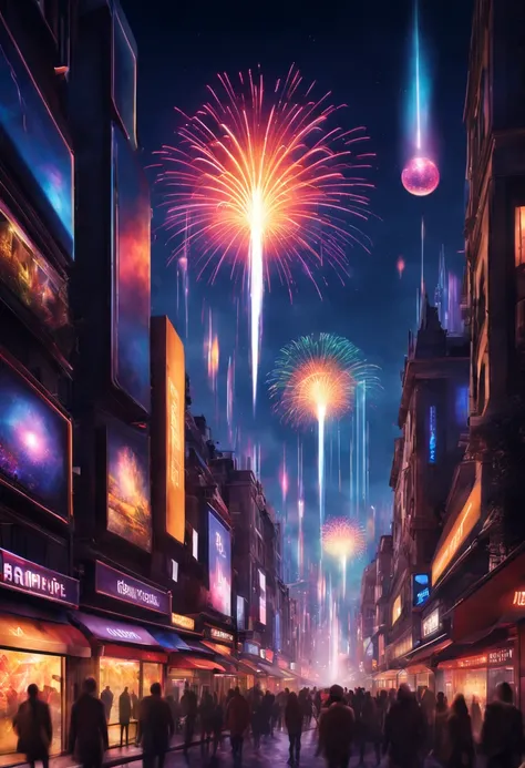 Ville colorée, Bâtiments futuristes, voitures volantes, Néons, grand feu d&#39;artifice, rues bondées, Atmosphère animée, des gens heureux qui célèbrent, superbe horizon, Technologie de pointe, gratte-ciel de grande hauteur, Panneaux d’affichage holographi...