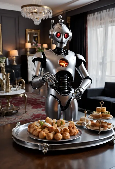 a detailed butler robot in a realistic, ultra-detailed, high-resolution scene. the butler is made of shiny metal and has intrica...