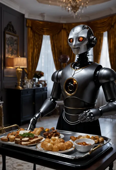 a detailed butler robot in a realistic, ultra-detailed, high-resolution scene. the butler is made of shiny metal and has intrica...