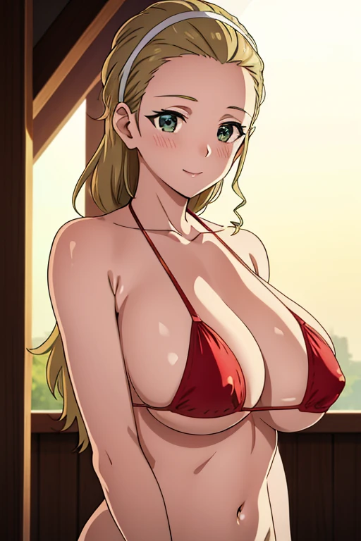 (masterpiece, best quality, high resolution, anime colored, 8k, photorealistic), Akebi Sasaki, hairband, 1girl, (15 years old), dark green eyes, smile, blush, (sagging huge breast:1.5), (red micro bikini:1.5), arms behind back, (from the front:1.5, upper b...