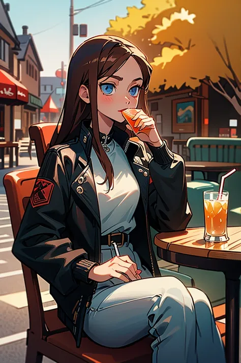 An anime-style girl with long brown hair and blue eyes sits at an outdoor cafe table, which has a glass with a drinking straw in it, suggesting she is having a beverage. Shes wearing a black leather jacket, and her attire includes a white shirt with black ...