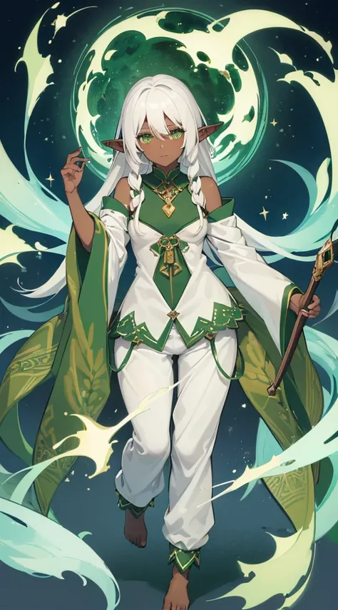 (((Very high image quality))),((Dark Skin)),(((Elf Woman))),(((White hair))),(((green eyes))),(((Seyxy body))),(Medium chest),((Wearing pajamas))