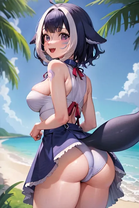 (masterpiece), (ultra-detailed), best quality, 8k, 1girl, solo, outdoors, beach, ocean, shylilythird, :3, large breasts, cleavage,one-piece swimsuit, swimsuit, covered navel, cetacean tail, bell, thighs,arms above head, bare arms, facial mark, standing, co...