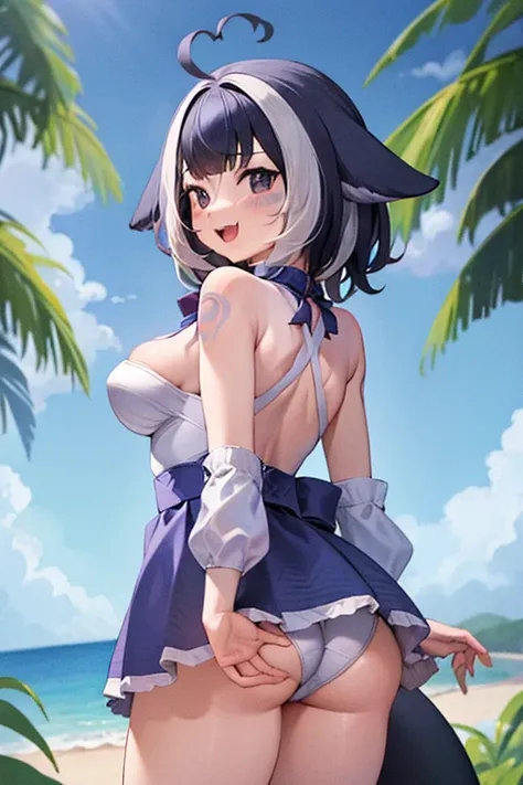 (masterpiece), (ultra-detailed), best quality, 8k, 1girl, solo, outdoors, beach, ocean, shylilythird, :3, large breasts, cleavage,one-piece swimsuit, swimsuit, covered navel, cetacean tail, bell, thighs,arms above head, bare arms, facial mark, standing, co...