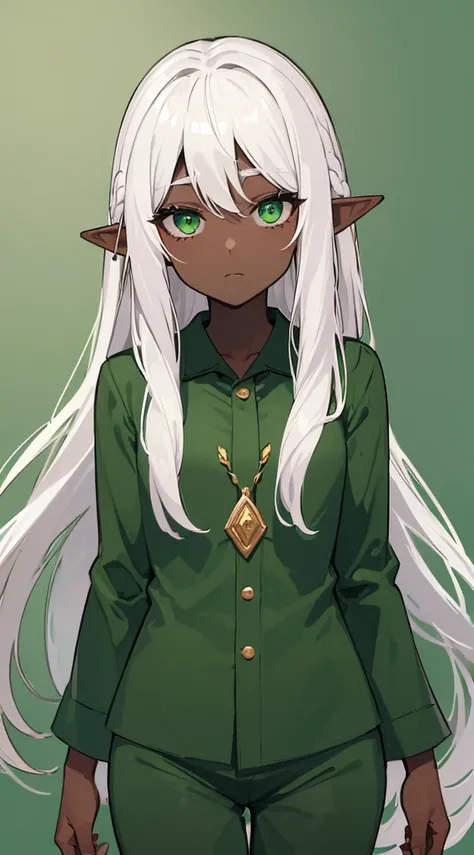 (((Very high image quality))),((Dark Skin)),(((Elf Woman))),(((White hair))),(((green eyes))),(((Seyxy body))),(Medium chest),((Wearing pajamas))