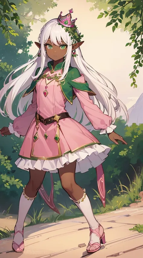 (((Very high image quality))),((Dark Skin)),(((Elf Woman))),(((White hair))),(((green eyes))),(((Seyxy body))),((Wearing a crown)),((Shy)),((Pink dress))