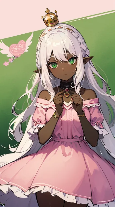 (((Very high image quality))),((Dark Skin)),(((Elf Woman))),(((White hair))),(((green eyes))),(((Seyxy body))),((Wearing a crown)),((Shy)),((Pink dress))