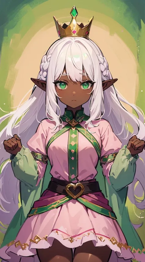 (((Very high image quality))),((Dark Skin)),(((Elf Woman))),(((White hair))),(((green eyes))),(((Seyxy body))),((Wearing a crown)),((Shy)),((Pink dress))