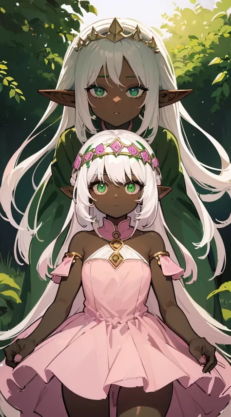 (((Very high image quality))),((Dark Skin)),(((Elf Woman))),(((White hair))),(((green eyes))),(((Seyxy body))),((Wearing a crown)),((Shy)),((Pink dress))